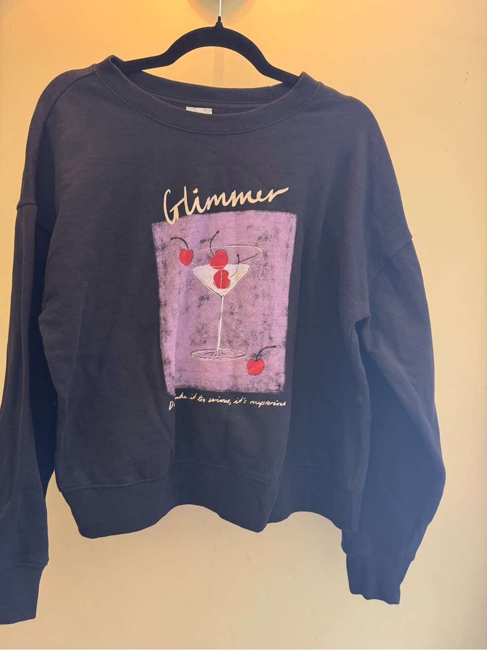 Maeve Black Crewneck Sweater with Purple Graphic and Red Cherries